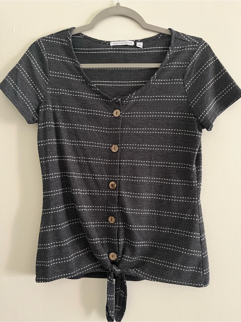 Gray Striped Short-Sleeve Button Tie-Front Top